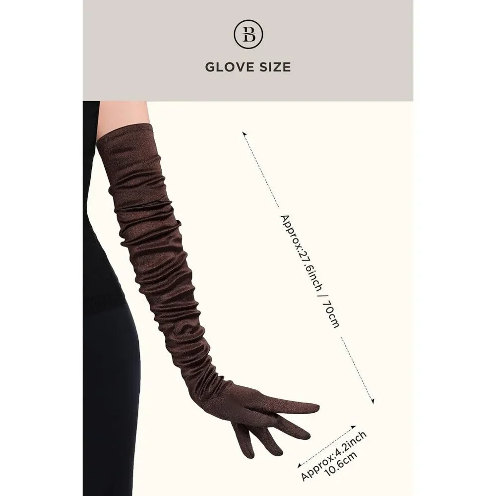 Women's Long Satin Gloves Dark Brown Stretchy Upper Arm Length Costume Design